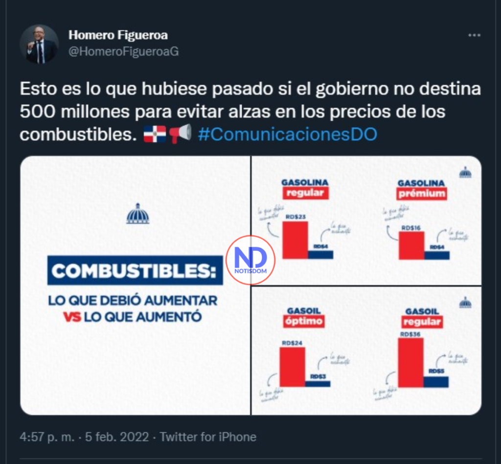 Tweet Homero Figueroa 05 Funcionarios defienden precio de los combustibles; aseguran el Gobierno evitó alzas mayores