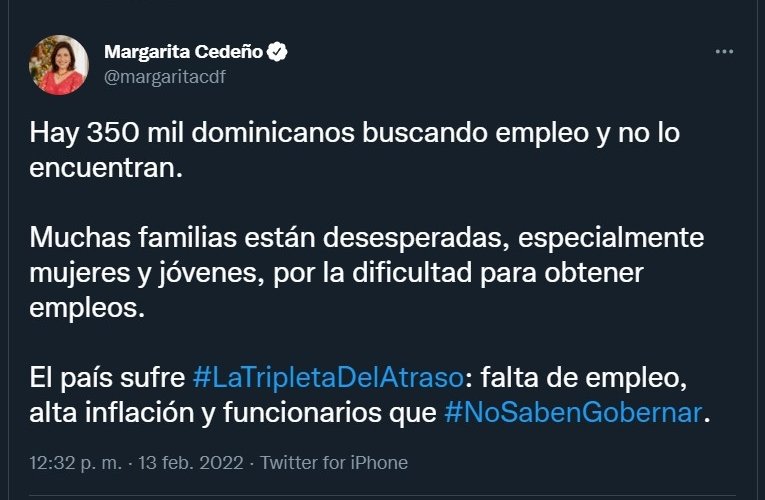 Tweet Margarita Cedeno 09 Margarita denuncia "tripleta del atraso: falta de empleo, inflación y no saben gobernar"