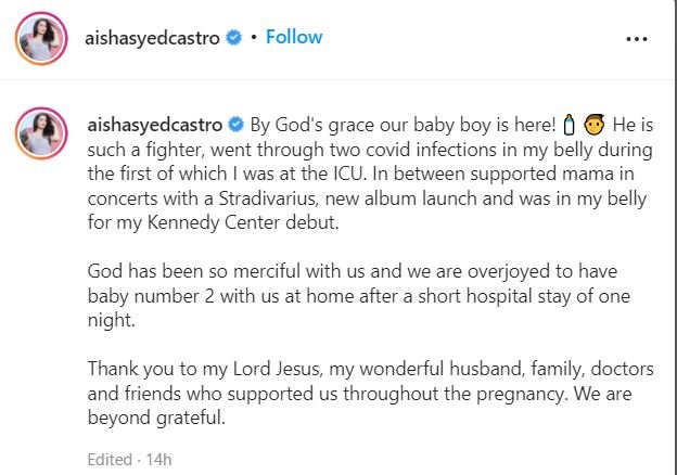 AISHA La violinista Aisha Syed da a luz a su segundo bebé
