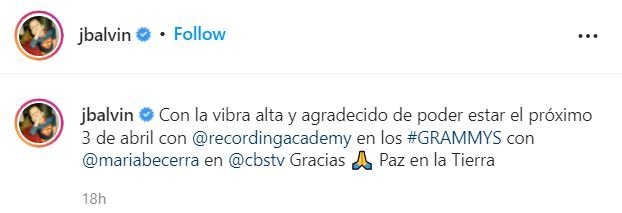 INSTAGRAN J BALVIN J Balvin, Maria Becerra y John Legend actuarán en los Grammy