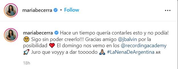 INSTAGRAN MARIA BACERRAS J Balvin, Maria Becerra y John Legend actuarán en los Grammy