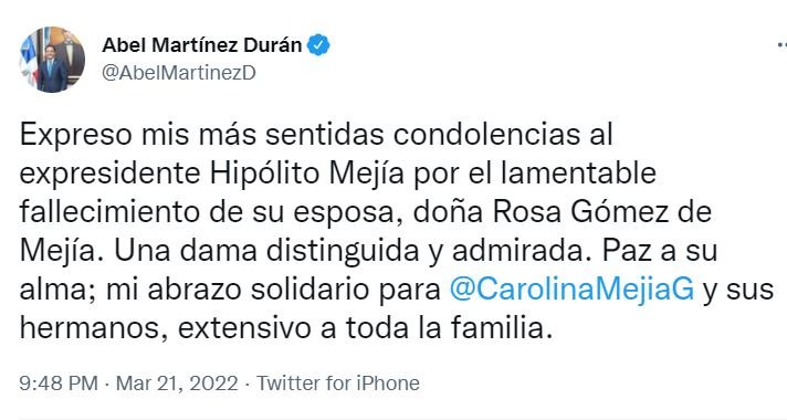TWITTER ABEL MARTINEZ 2 Personalidades expresan condolencias tras muerte de Doña Rosa
