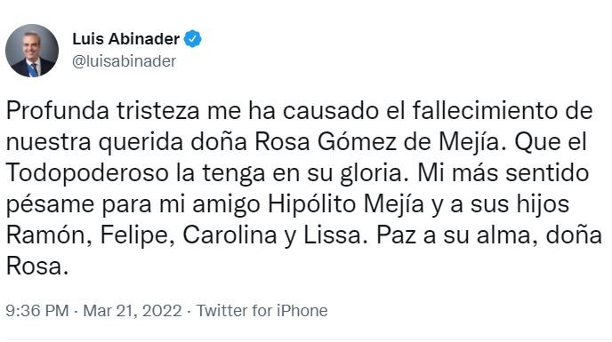 TWITTER ABINADER 11 Personalidades expresan condolencias tras muerte de Doña Rosa