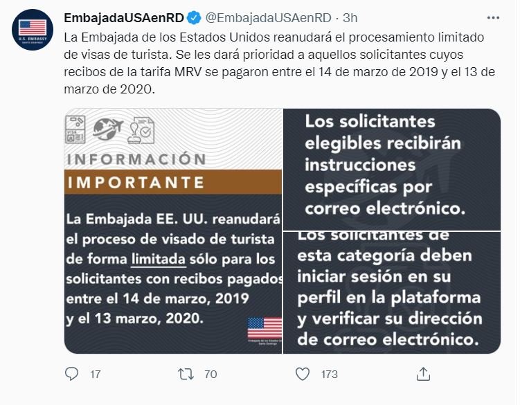 TWITTER EMBAJADA Embajada de EE.UU. reanudará proceso de visa para turista de forma limitada