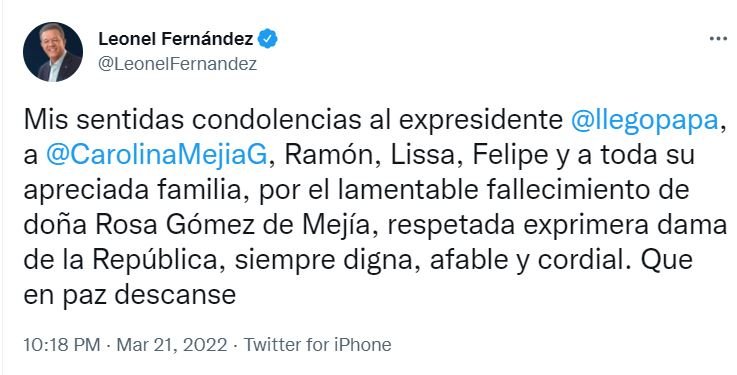 TWITTER LEONEL Personalidades expresan condolencias tras muerte de Doña Rosa