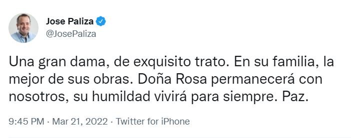 TWITTER PALIZA Personalidades expresan condolencias tras muerte de Doña Rosa
