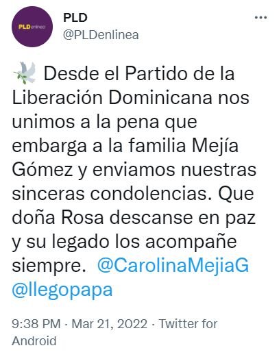 TWITTER PLD Personalidades expresan condolencias tras muerte de Doña Rosa