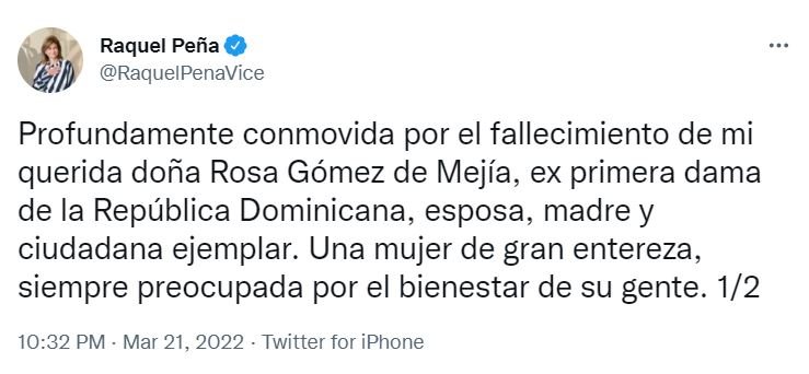TWITTER RAQUEL PENA 1 Personalidades expresan condolencias tras muerte de Doña Rosa