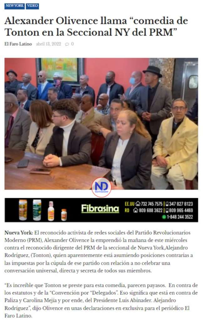 Faro Latino Alexander Olivence dice es "comedia" candidatura de Tontón a presidencia del PRM NY