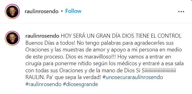 INSTAGRAM RAULIN Otra vez Raulin Rosendo será sometido a cirugía