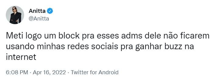 TWITTER ANITA La cantante Anitta bloquea a Bolsonaro en Twitter: "Búscate algo para hacer"