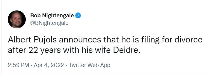 TWITTER BOB Albert Pujols anuncia su divorcio tras 22 años de matrimonio