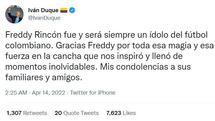 TWITTER IVAN DUQUE Fallece Freddy Rincón, ídolo del fútbol colombiano