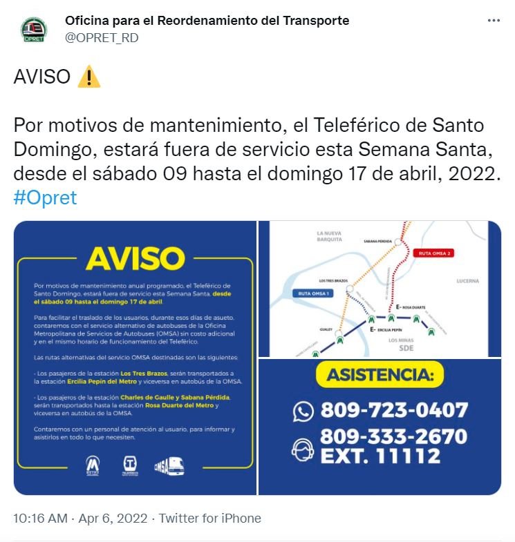 twitter t Teleférico de Santo Domingo estará fuera de servicio en Semana Santa