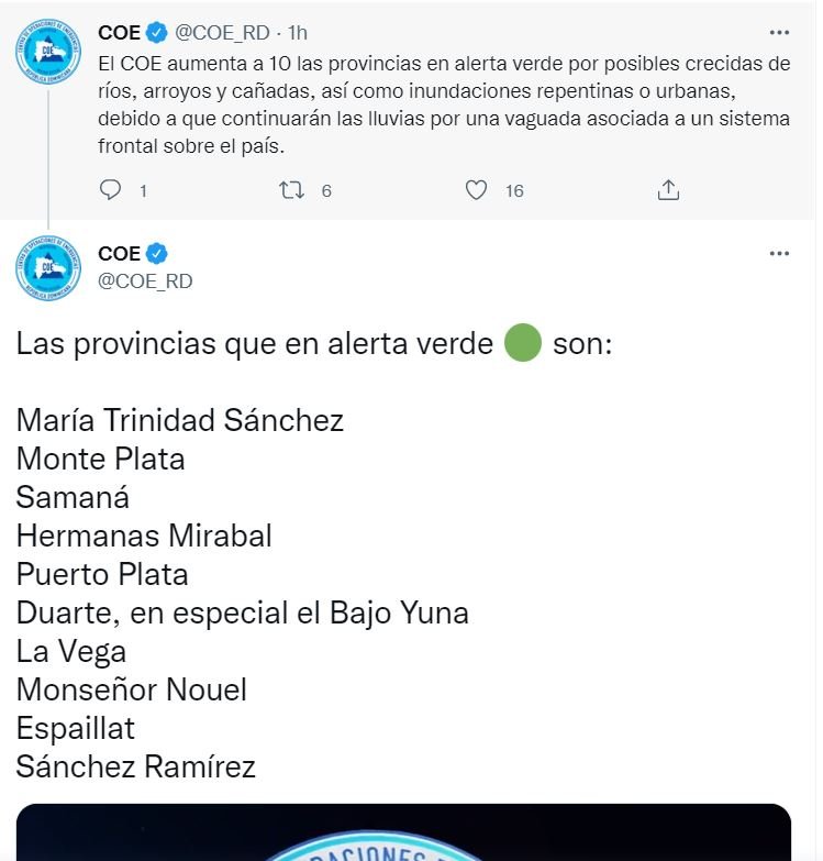 TWITTER COE 3 1 Aumentan a 10 las provincias en alerta verde por vaguada