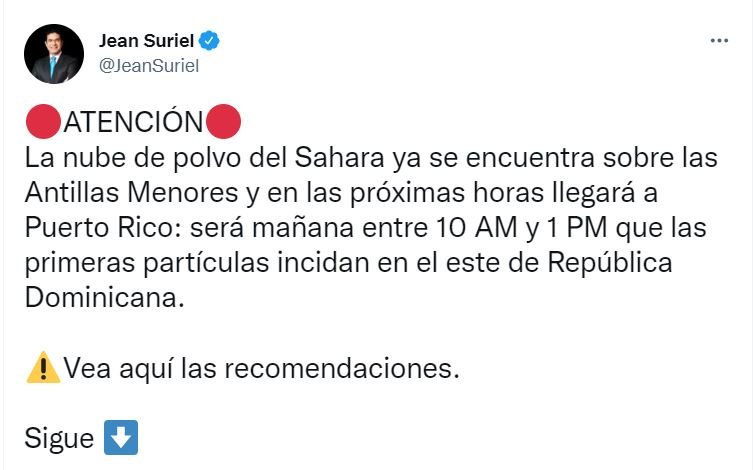 TWITTER JEAN SURIEL Este miércoles llega polvo de Sahara a RD