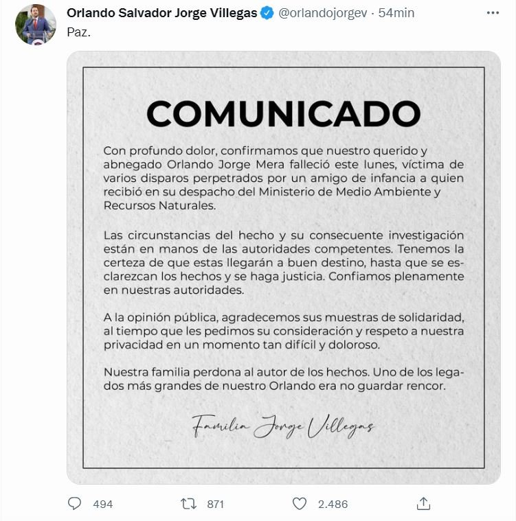 TWITTER JORGE MERA VILLEGAS Familia Jorge Mera confiada en que se hará justicia; perdonan a asesino de ministro de Medio Ambiente