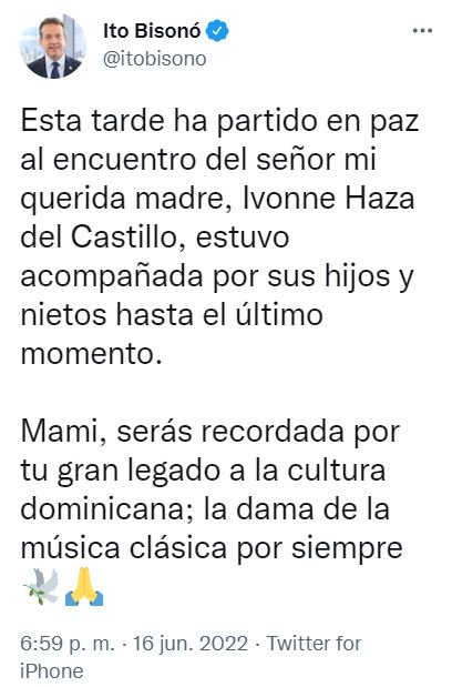 twitter ito bisono Muere madre del ministro Víctor Ito Bisonó, Ivonne Haza del Castillo