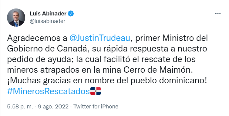 ABINADER 283 Presidente Abinader agradece al gobierno de Canadá por ayuda en rescate de mineros
