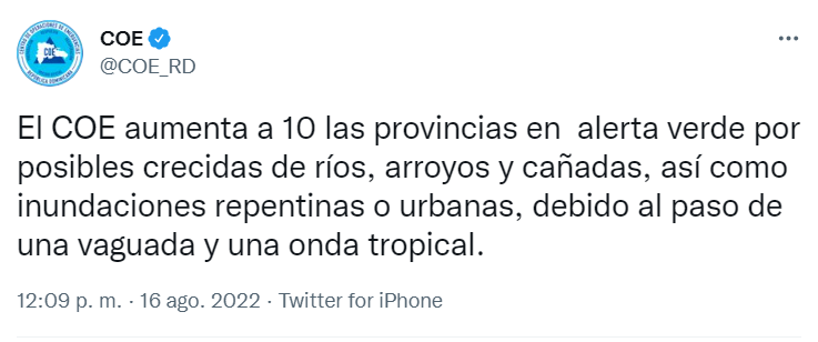 COE 22 COE pone en alerta verde 10 provincias por vaguada