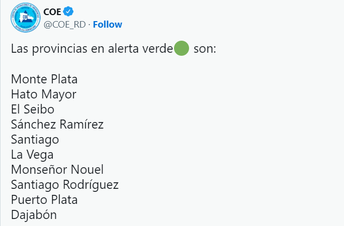 COE 23 COE pone en alerta verde 10 provincias por vaguada