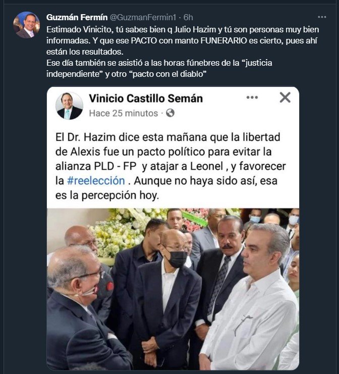 La Fuerza del Pueblo cataloga como "Manto Funerario" supuesto pacto entre Abinader y Danilo 3 Guzman Fermin tweet La Fuerza del Pueblo cataloga como "Manto Funerario" supuesto pacto entre Abinader y Danilo