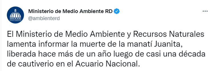 MINISTERIO MEDIO AMBIENTE MANATI Muere manatí Juanita a más de un año establecida en el río Ozama