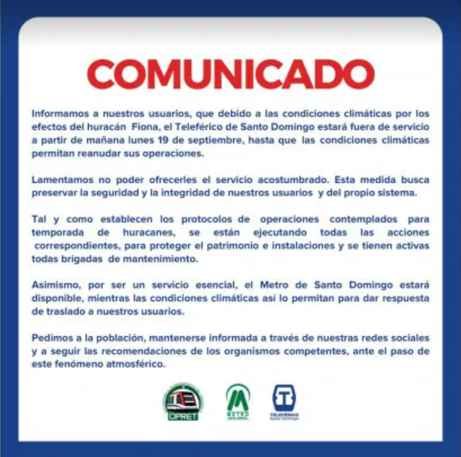COMUNICADO DE TELEFERICO Teleférico estará fuera de servicio hasta que condiciones climáticas permitan reanudar operaciones