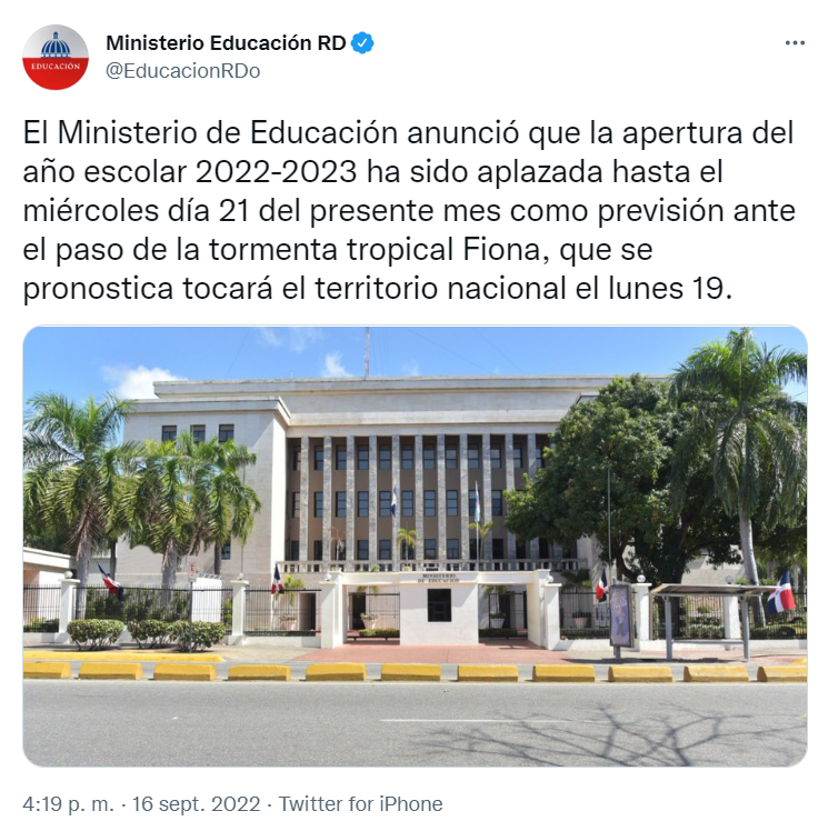 TWITTER EDUCACION Ministerio de Educación aplaza apertura del año escolar por paso de Fiona