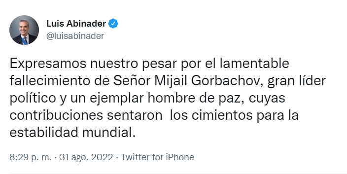 TWITTER GORBACOV Presidente Abinader expresa pesar por muerte de Mijail Gorbachov