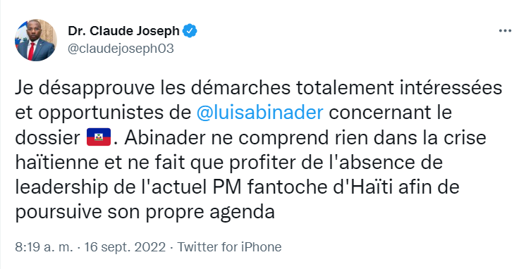 TWITTER JOSEPH Claude Joseph dice Luis Abinader no entiende nada de la crisis haitiana