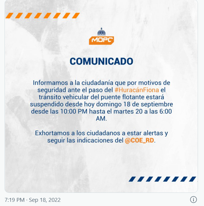 TWITTER MINISTERIO OBRAS PUBLICAS 1 Puente flotante estará cerrado desde este domingo hasta el martes a las 06:00AM