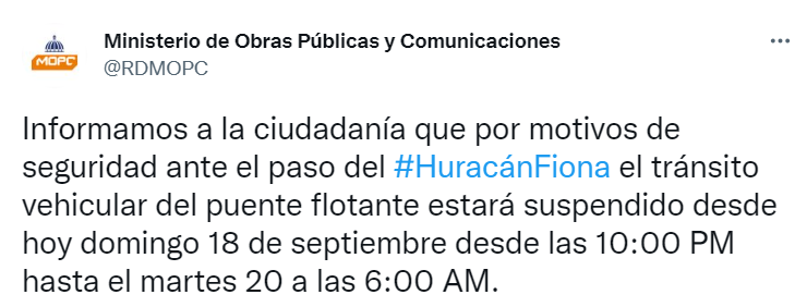 TWITTER MINISTERIO OBRAS PUBLICAS Puente flotante estará cerrado desde este domingo hasta el martes a las 06:00AM