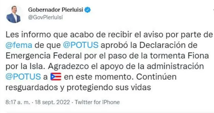 TWITTER PIERLUISI Biden declara la emergencia en Puerto Rico por la tormenta tropical Fiona