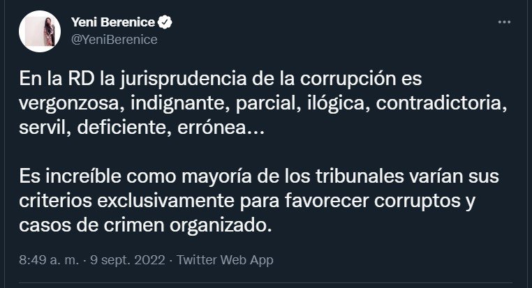 Yeni Berenice twitt Yeni Berenice, ante caso Yuniol-Omsa: "La jurisprudencia de la corrupción en RD es vergonzosa"