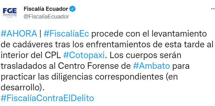 TWITTER 27 Al menos 15 muertos en un motín en la cárcel Cotopaxi