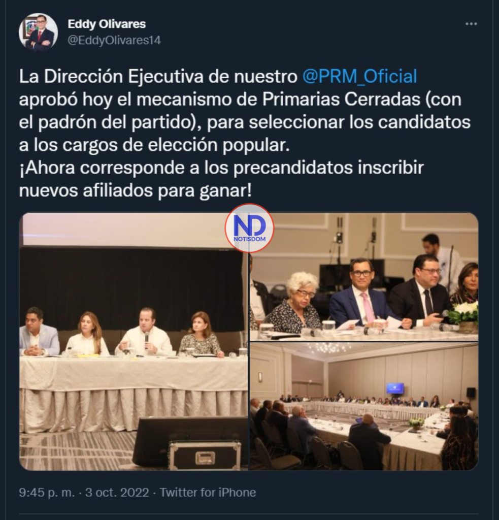 Tuit Eddy Olivares Dirección Ejecutiva del PRM aprueba primarias cerradas para seleccionar sus candidatos