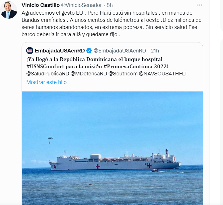 TWITTER VINICIO CASTILLO 1 Vinicito agradece gesto de EE.UU, pero entiende “buque hospital debe ir para Haití y quedarse fijo”
