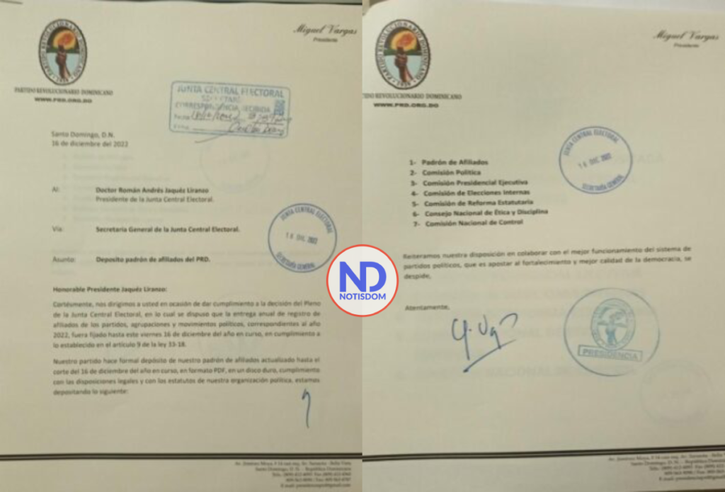 PRD carta padron a JCE PRD entrega padrón de afiliados a JCE en cumplimiento con Ley de Partidos