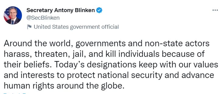 twitter anthoni blinken EEUU agrega a Cuba y Nicaragua en una lista negra por libertad religiosa