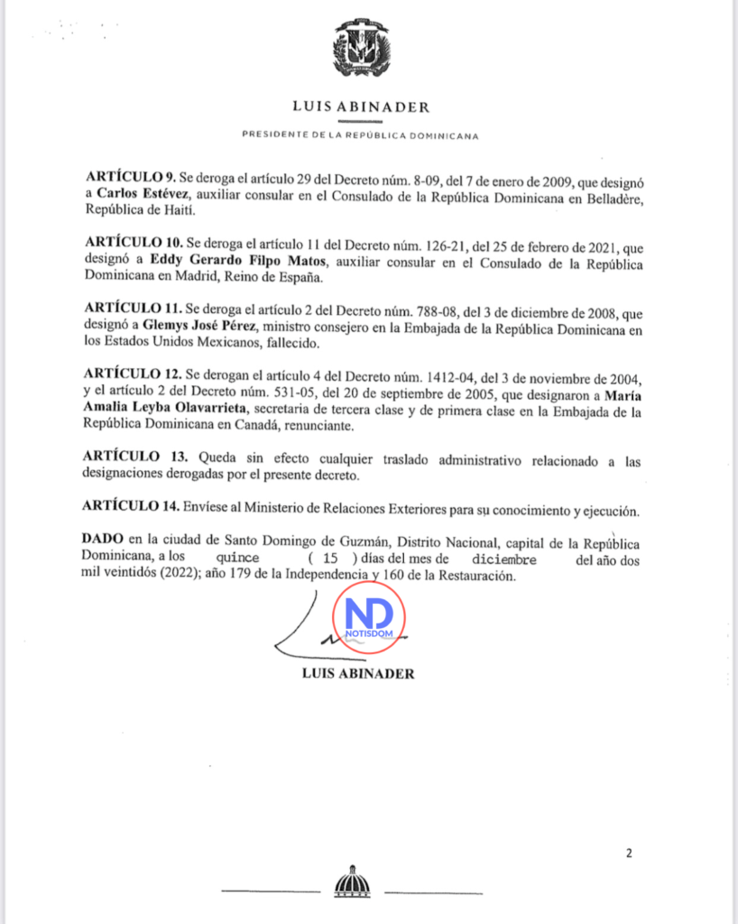 Decreto 739 22 Presidente Abinader destituye doce funcionarios del servicio exterior