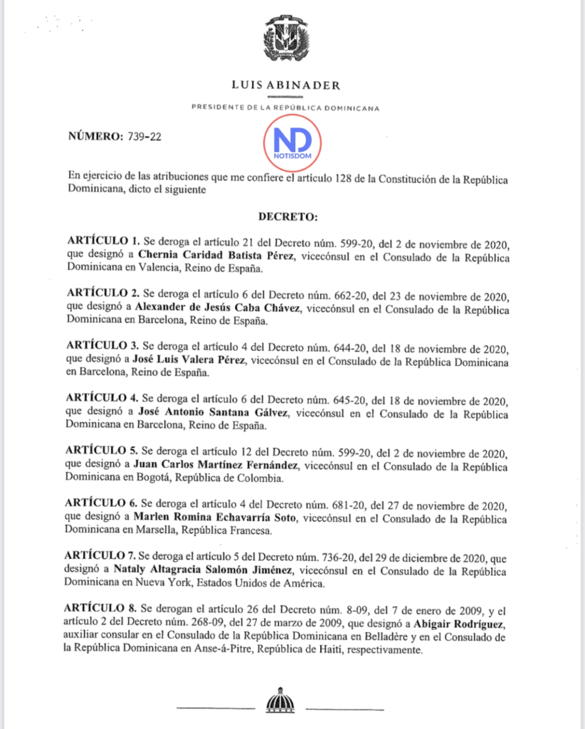 Decreto 739 22 A Presidente Abinader destituye doce funcionarios del servicio exterior