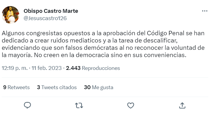 INSTAGRAM CASTRO MARTE «Algunos congresistas opuestos aprobación Código Penal se han dedicado a crear ruido mediático»