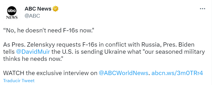 TWITTER BIDEN Biden descarta enviar aviones de combate F-16; rechaza plan chino