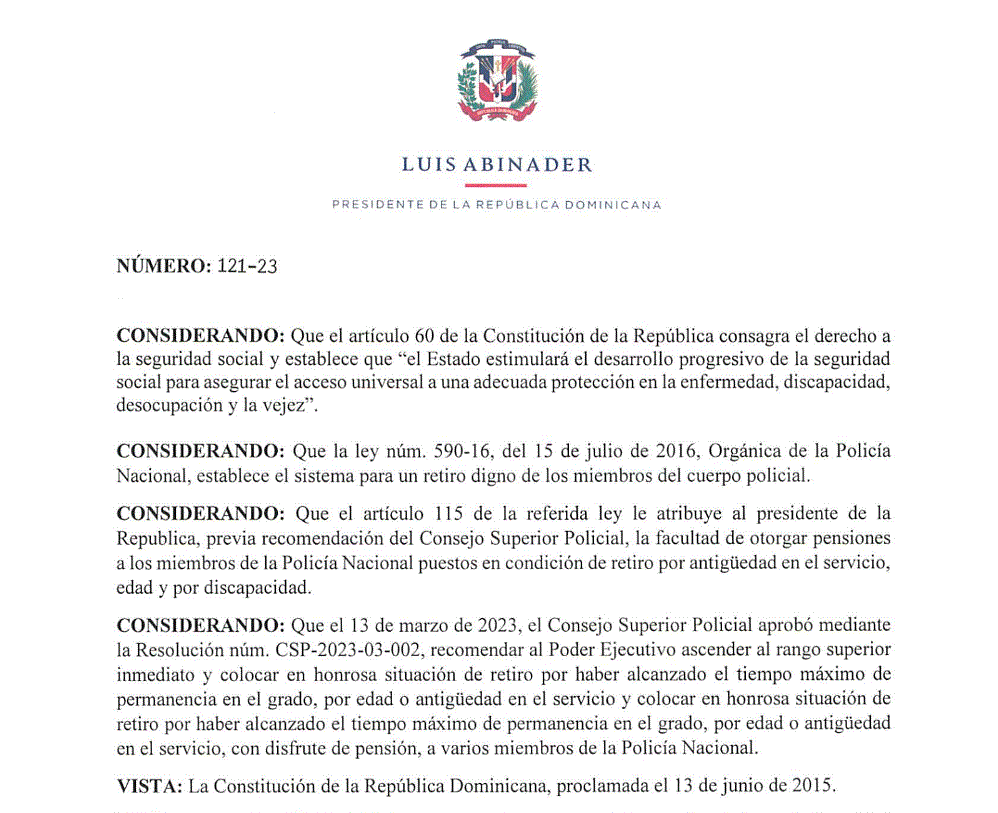 CARTA 1 Abinader pone en retiro a 978 miembros de la Policía mediante decretos