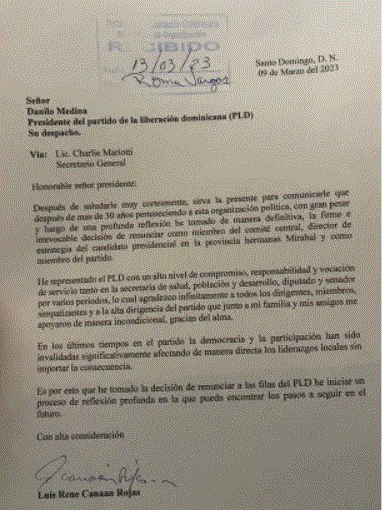 CARTA PLD ¡Otro más! Abandona el PLD el exsenador Luis René Canaán Rojas