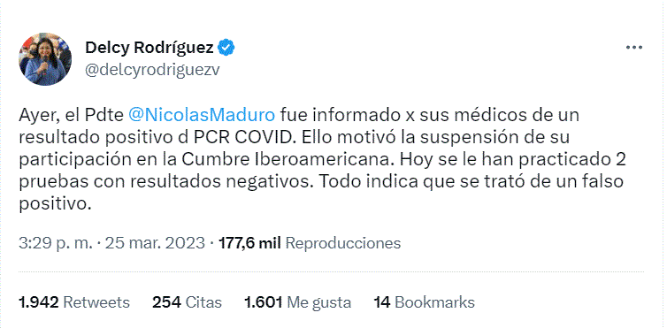 DELCY RODRIGUEZ Ausencia de Maduro en Cumbre Iberoamericana se debe a una prueba de covid positiva