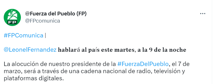 FUERZA DEL PUEBLO El presidente de la FP hablará al país sobre “la situación actual”