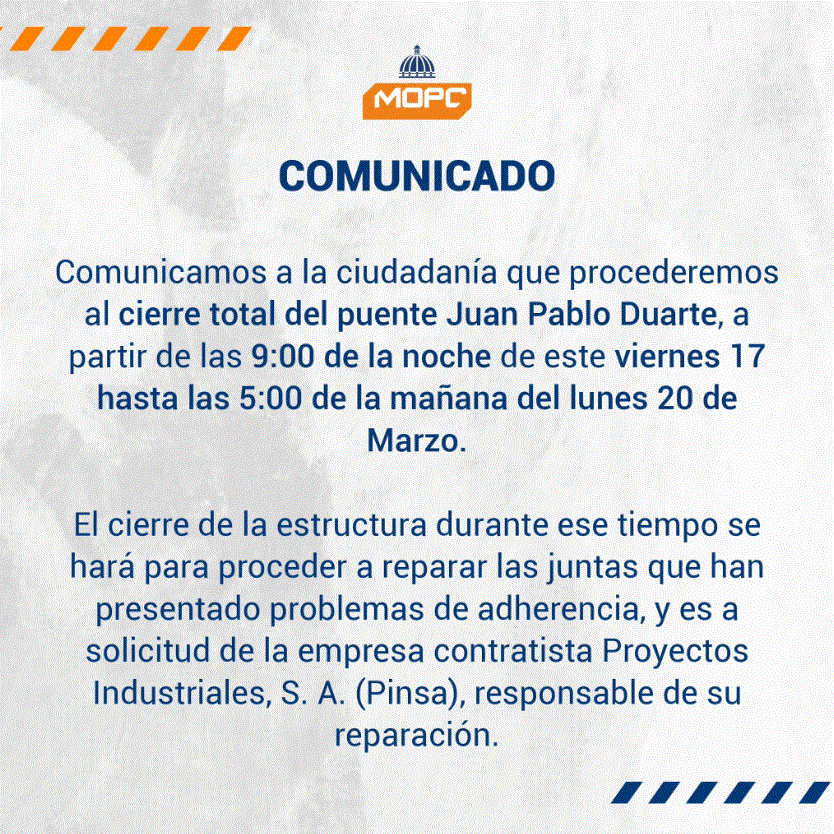 RUTA PUENTE DUARTE 1 Obras Públicas informa las rutas alternas por cierre total del puente Duarte