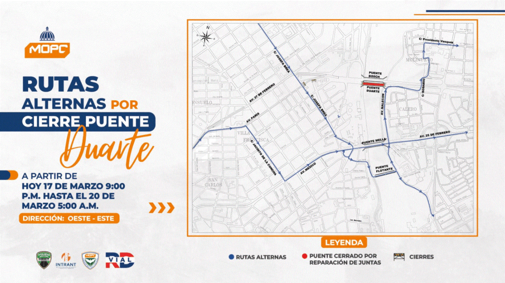 RUTA PUENTE DUARTE Obras Públicas informa las rutas alternas por cierre total del puente Duarte